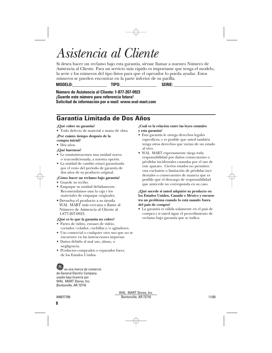 Asistencia al cliente, Garantía limitada de dos años | GE 106642 User Manual | Page 16 / 16