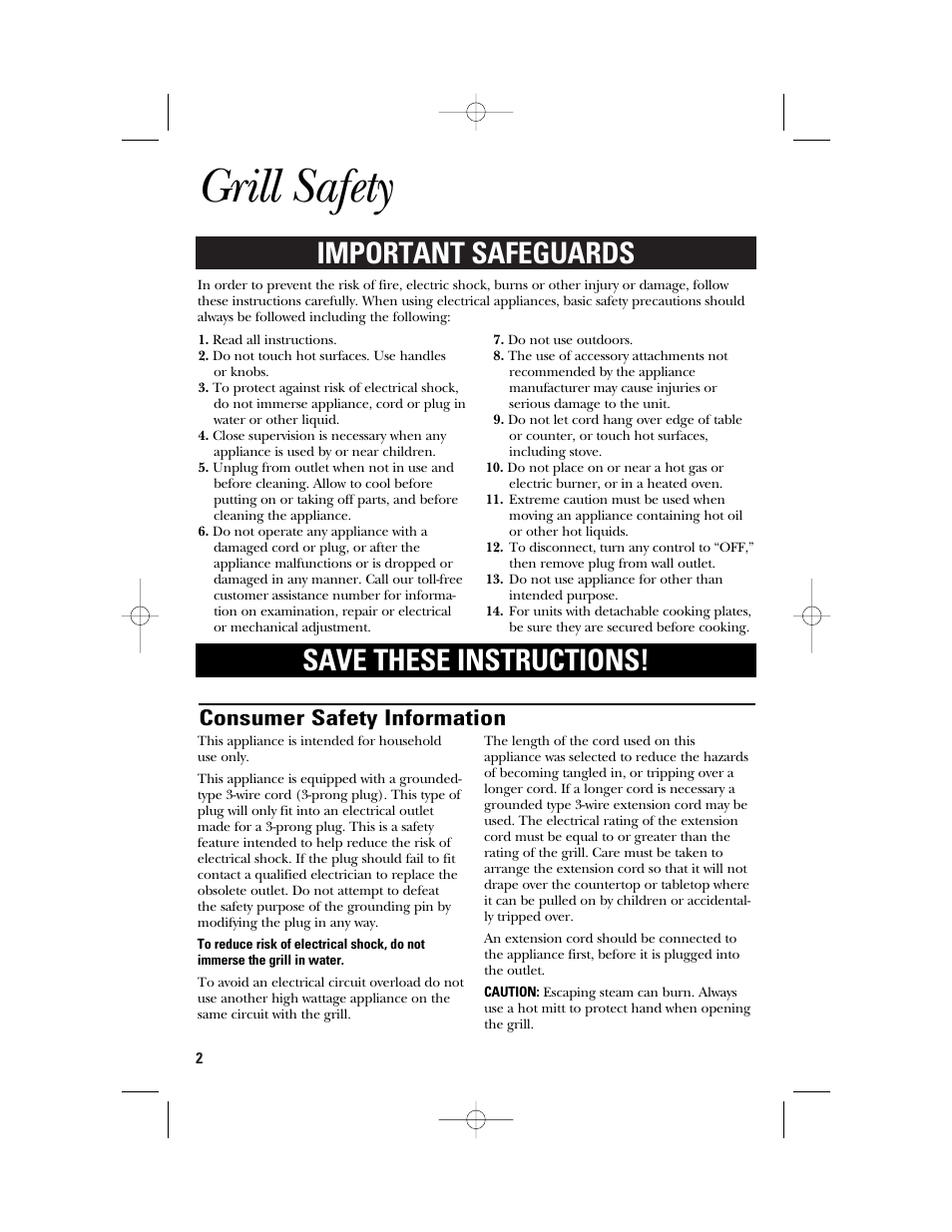 Grill safety, Important safeguards save these instructions, Consumer safety information | GE 106642 User Manual | Page 2 / 16