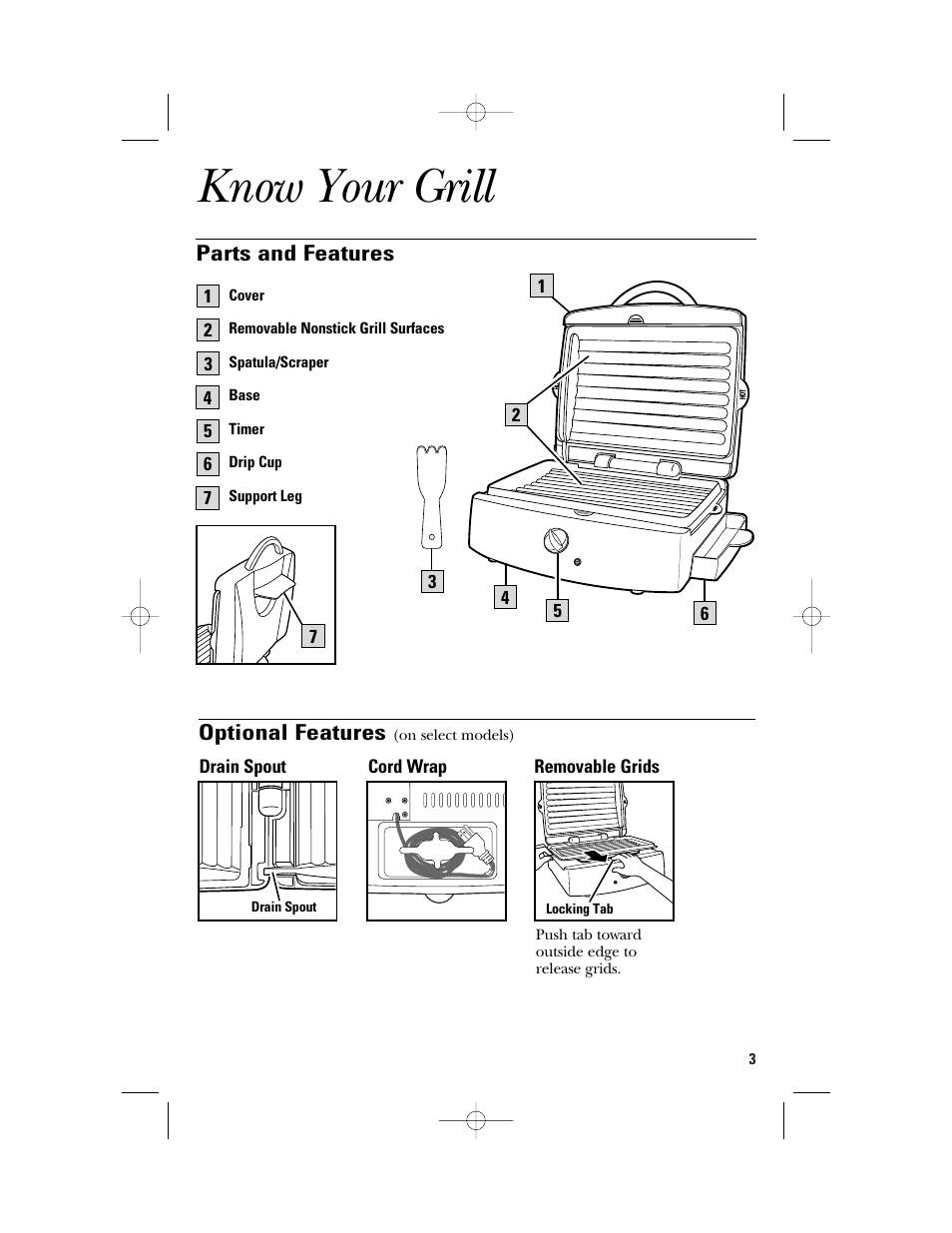 Know your grill, Parts & features, Optional features | GE 106642 User Manual | Page 3 / 16