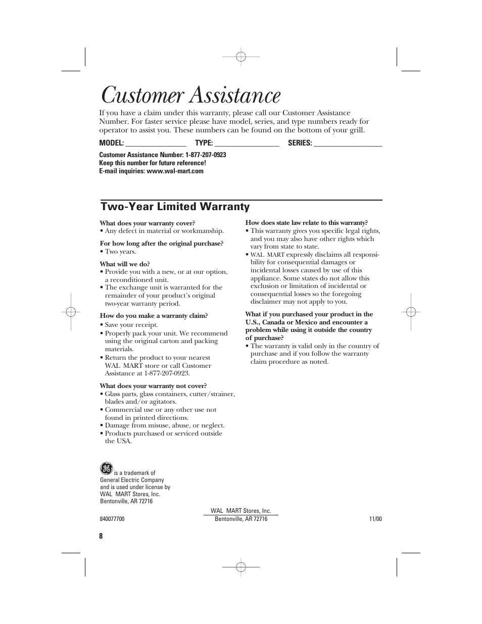 Customer assistance, Warranty, Two-year limited warranty | GE 106642 User Manual | Page 8 / 16