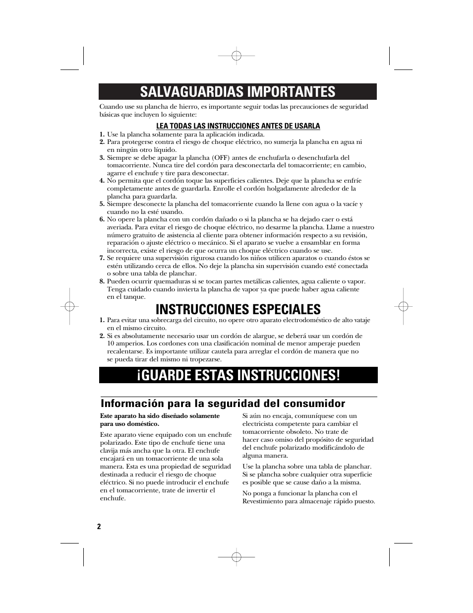Instrucciones especiales, Información para la seguridad del consumidor | GE 840097600 User Manual | Page 10 / 16