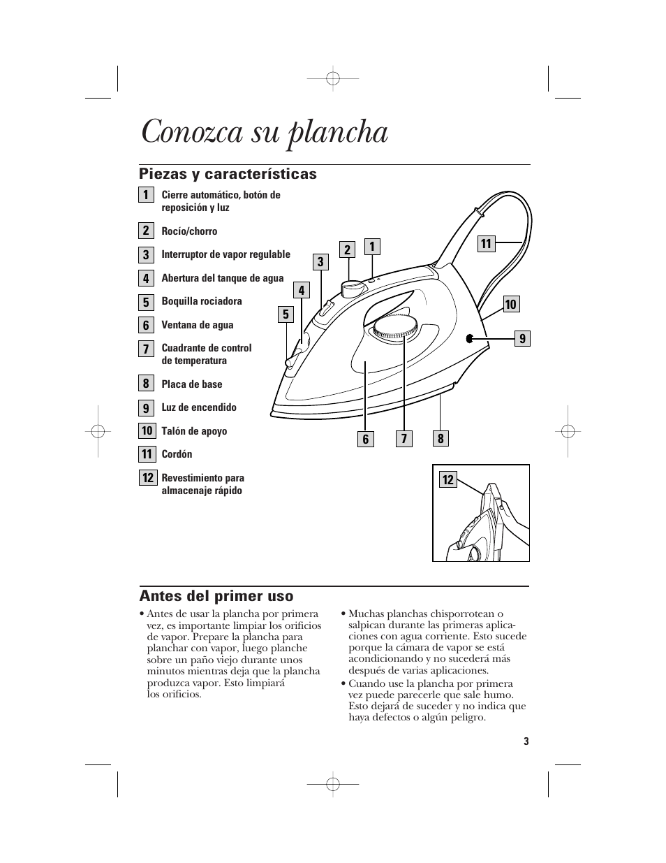 Conozca su plancha, Antes del primer uso, Piezas y características | GE 840097600 User Manual | Page 11 / 16