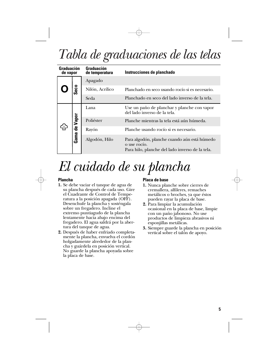 El cuidado de su plancha, Tabla de graduaciones de las telas | GE 840097600 User Manual | Page 13 / 16