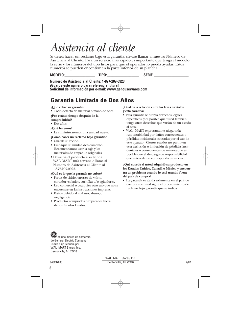 Asistencia al cliente, Garantía limitada de dos años | GE 840097600 User Manual | Page 16 / 16