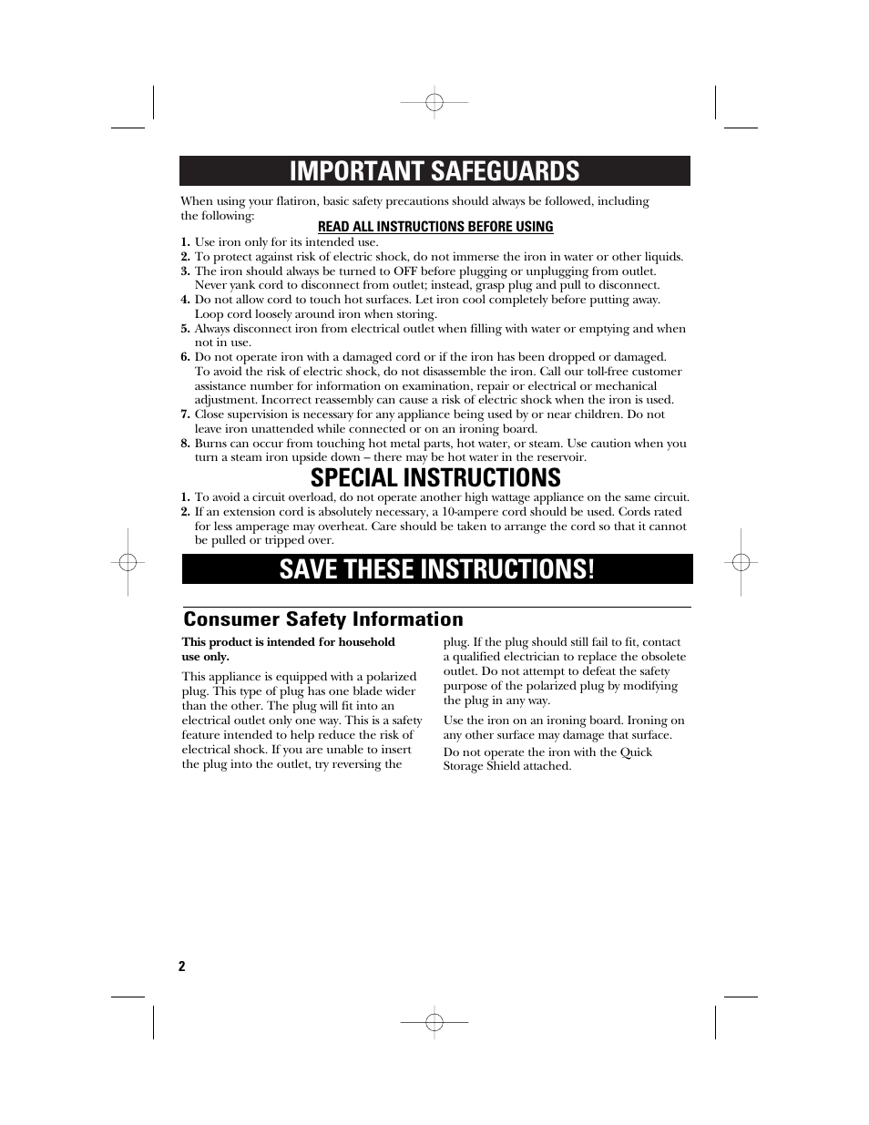 Important safeguards save these instructions, Special instructions, Consumer safety information | GE 840097600 User Manual | Page 2 / 16
