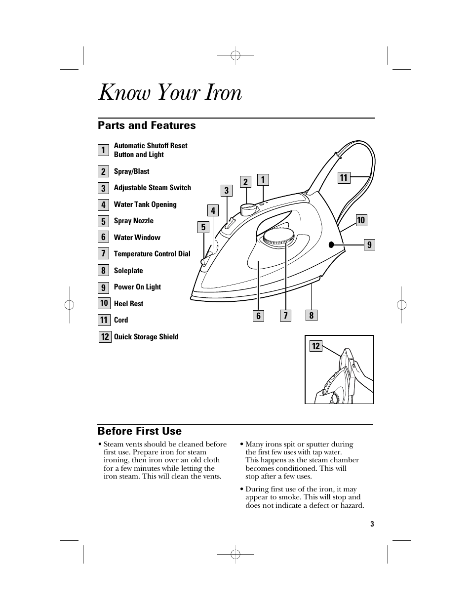 Know your iron, Parts and features, Before first use | GE 840097600 User Manual | Page 3 / 16