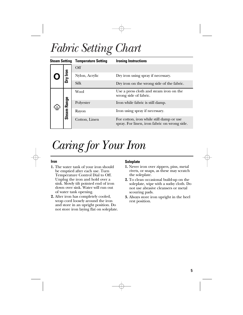 Fabric setting chart, Caring for your iron | GE 840097600 User Manual | Page 5 / 16