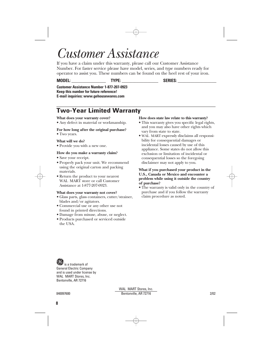 Customer assistance, Two-year limited warranty | GE 840097600 User Manual | Page 8 / 16