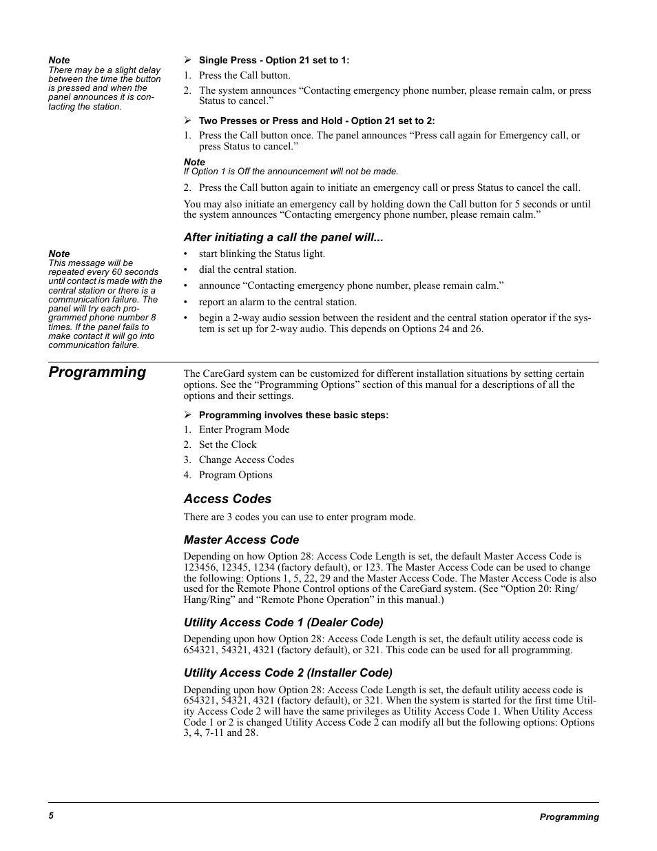Press the call button, After initiating a call the panel will, Programming | Enter program mode, Set the clock, Change access codes, Program options, Access codes, Master access code, Utility access code 1 (dealer code) | GE 60-883-95R User Manual | Page 10 / 34