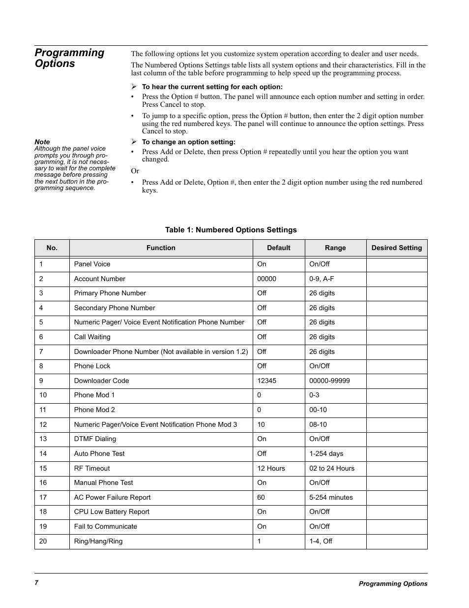 Programming options, Table 1: numbered options settings | GE 60-883-95R User Manual | Page 12 / 34