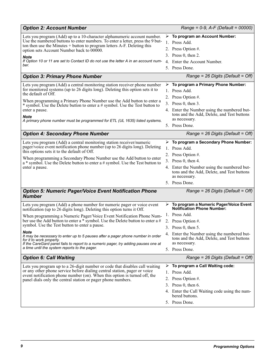 Option 2: account number, Range = 0-9, a-f (default = 00000), Press add | Press option, Press 0, then 2, Enter the account number, Press done, Option 3: primary phone number, Range = 26 digits (default = off), Press 0, then 3 | GE 60-883-95R User Manual | Page 14 / 34