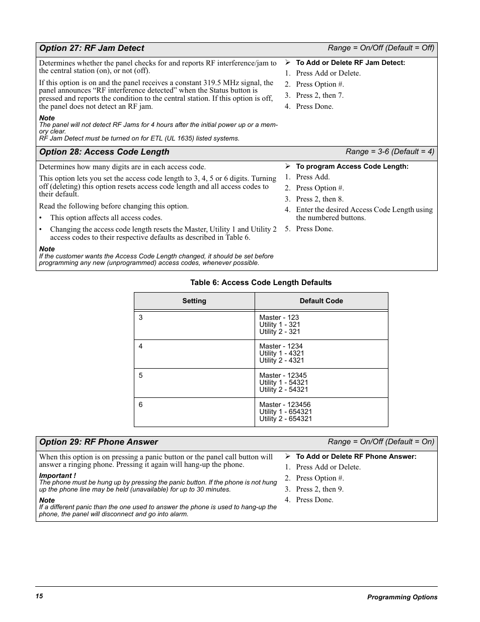 Option 27: rf jam detect, Range = on/off (default = off), Press add or delete | Press option, Press 2, then 7, Press done, Option 28: access code length, Range = 3-6 (default = 4), Press add, Press 2, then 8 | GE 60-883-95R User Manual | Page 20 / 34