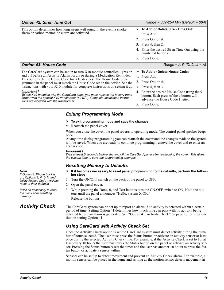 Option 42: siren time out, Range = 002-254 min (default = 004), Press add | Press option, Press 4, then 2, Press done, Option 43: house code, Range = a-p (default = a), Press 4, then 3, Exiting programming mode | GE 60-883-95R User Manual | Page 23 / 34