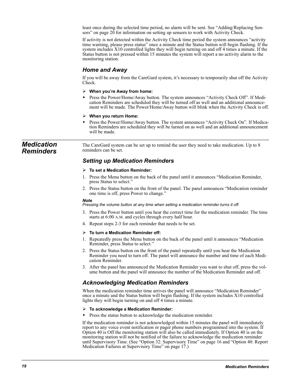 Home and away, Medication reminders, Setting up medication reminders | Acknowledging medication reminders | GE 60-883-95R User Manual | Page 24 / 34