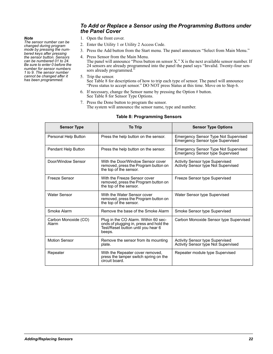 Open the front cover, Enter the utility 1 or utility 2 access code, Table 8: programming sensors | GE 60-883-95R User Manual | Page 27 / 34