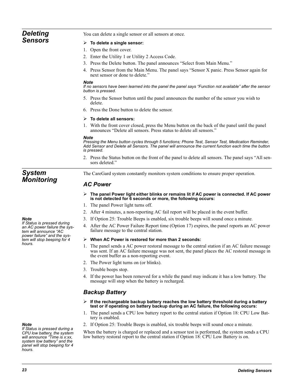 Deleting sensors, Open the front cover, Enter the utility 1 or utility 2 access code | Press the done button to delete the sensor, System monitoring, Ac power, The panel power light turns off, The power light turns on (or blinks), Trouble beeps stop, Backup battery | GE 60-883-95R User Manual | Page 28 / 34