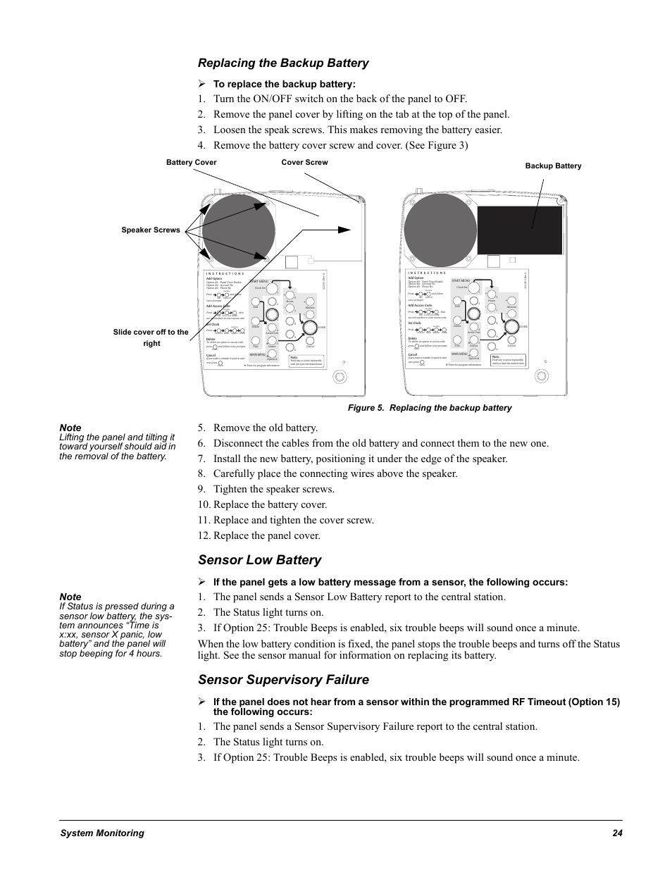 Replacing the backup battery, Figure 5. replacing the backup battery, Remove the old battery | Tighten the speaker screws, Replace the battery cover, Replace and tighten the cover screw, Replace the panel cover, Sensor low battery, The status light turns on, Sensor supervisory failure | GE 60-883-95R User Manual | Page 29 / 34