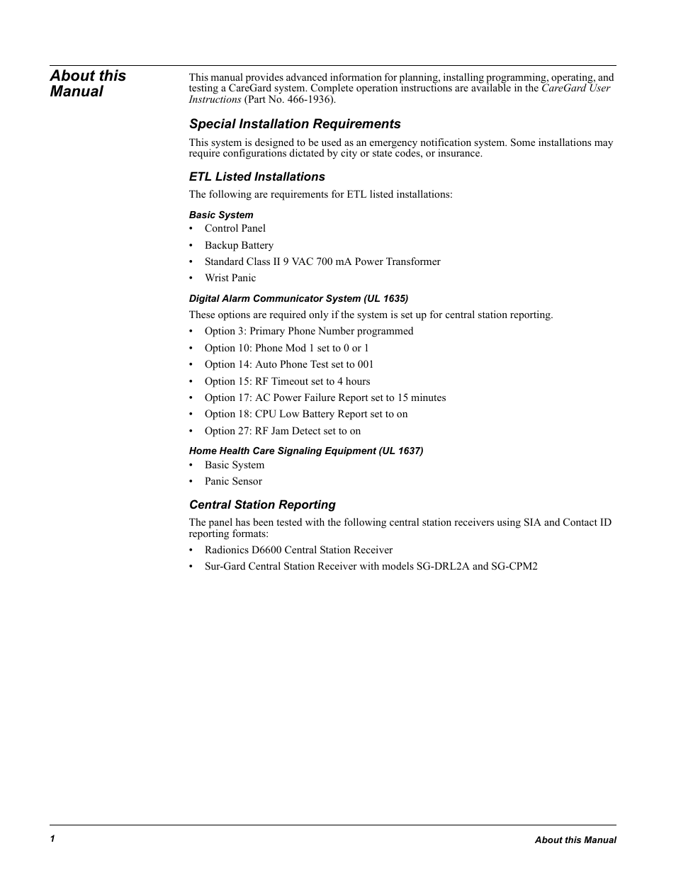 About this manual, Special installation requirements, Etl listed installations | Basic system, Digital alarm communicator system (ul 1635), Home health care signaling equipment (ul 1637), Central station reporting | GE 60-883-95R User Manual | Page 6 / 34