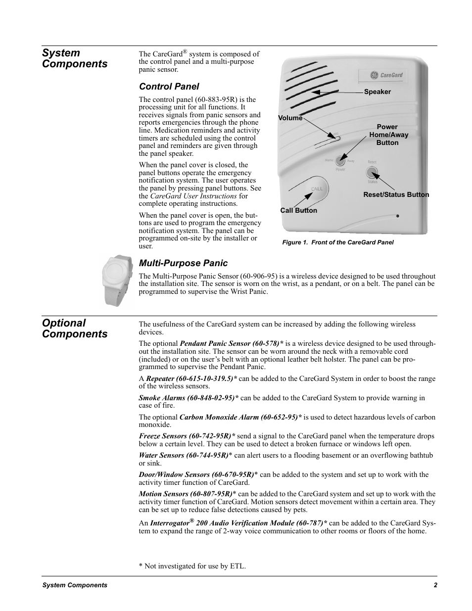 System components, Figure 1. front of the caregard panel, Control panel | Multi-purpose panic, Optional components | GE 60-883-95R User Manual | Page 7 / 34