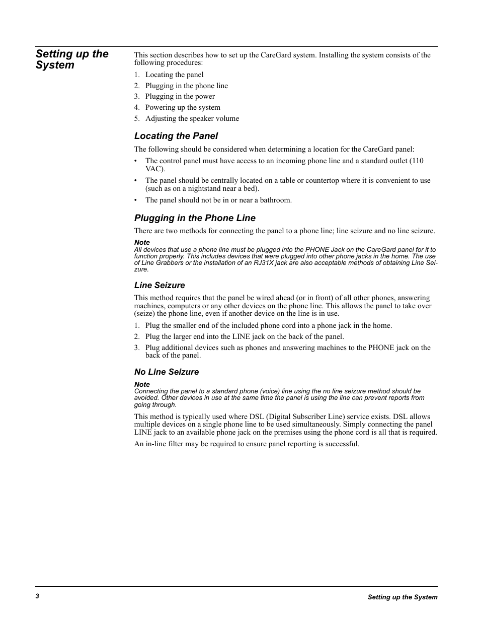 Setting up the system, Locating the panel, Plugging in the phone line | Plugging in the power, Powering up the system, Adjusting the speaker volume, Line seizure, No line seizure | GE 60-883-95R User Manual | Page 8 / 34