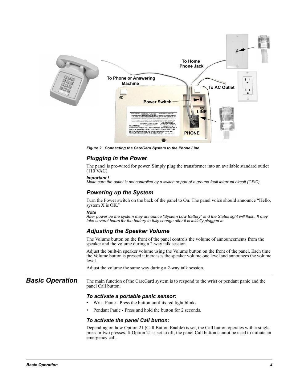 Plugging in the power, Powering up the system, Adjusting the speaker volume | Basic operation, To activate a portable panic sensor, To activate the panel call button | GE 60-883-95R User Manual | Page 9 / 34