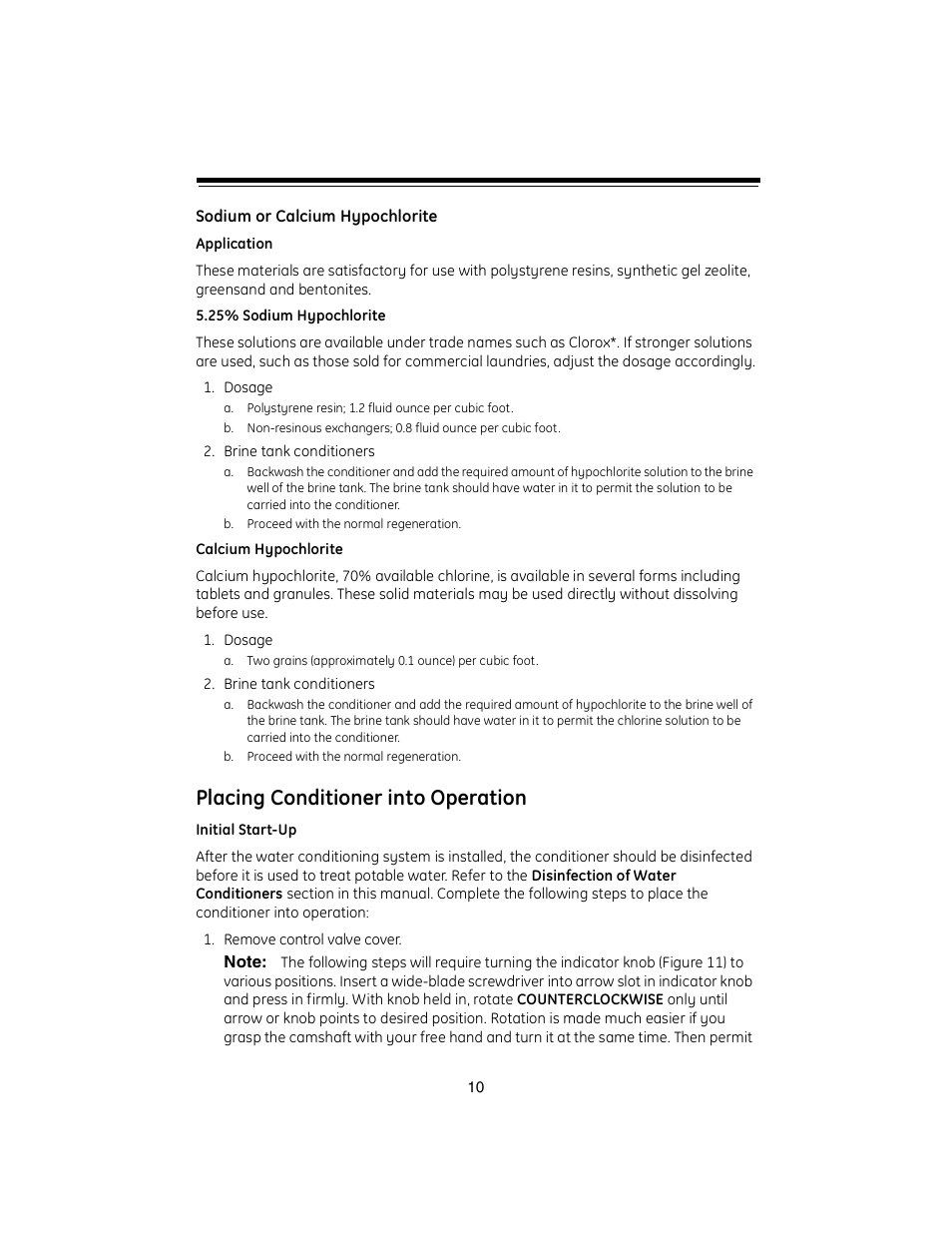 Placing conditioner into operation | GE Autorol 255 Valve / 400 Series User Manual | Page 10 / 28