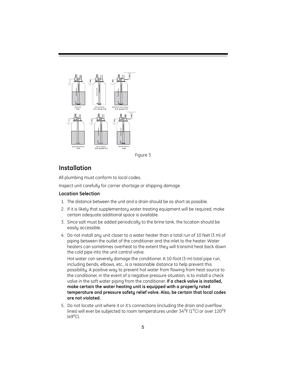 Installation, Location selection, 5figure 3 | F (1, C) or over 120, F(49 | GE Autorol 255 Valve / 400 Series User Manual | Page 5 / 28