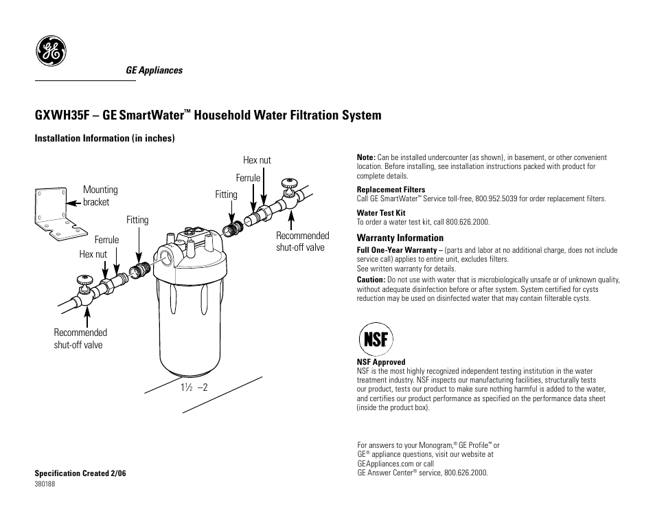 GE SmartWater GXWH35F User Manual | 2 pages