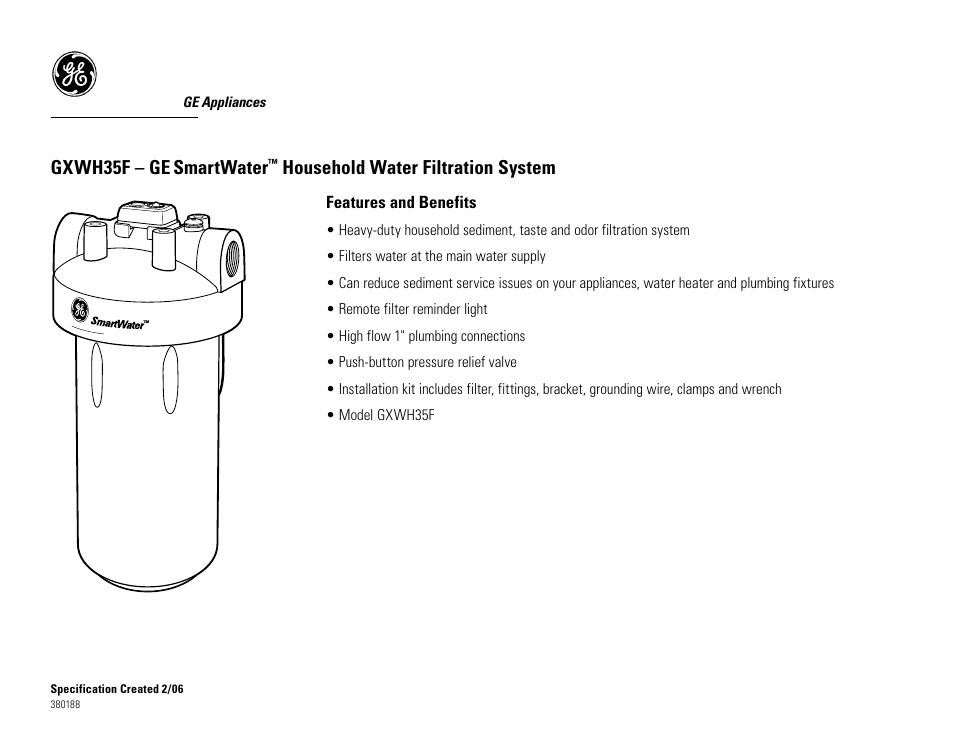 Gxwh35f gxwh35f – ge, Smartwater, Household water filtration system | GE SmartWater GXWH35F User Manual | Page 2 / 2