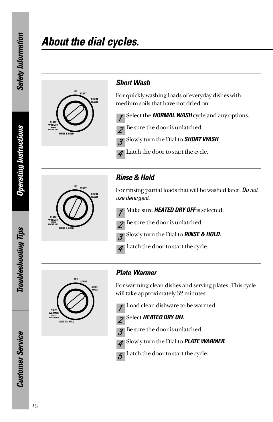 Dial cycles, About the dial cycles, Short wash | Rinse & hold, Plate warmer | GE 165D4700P126 User Manual | Page 10 / 28