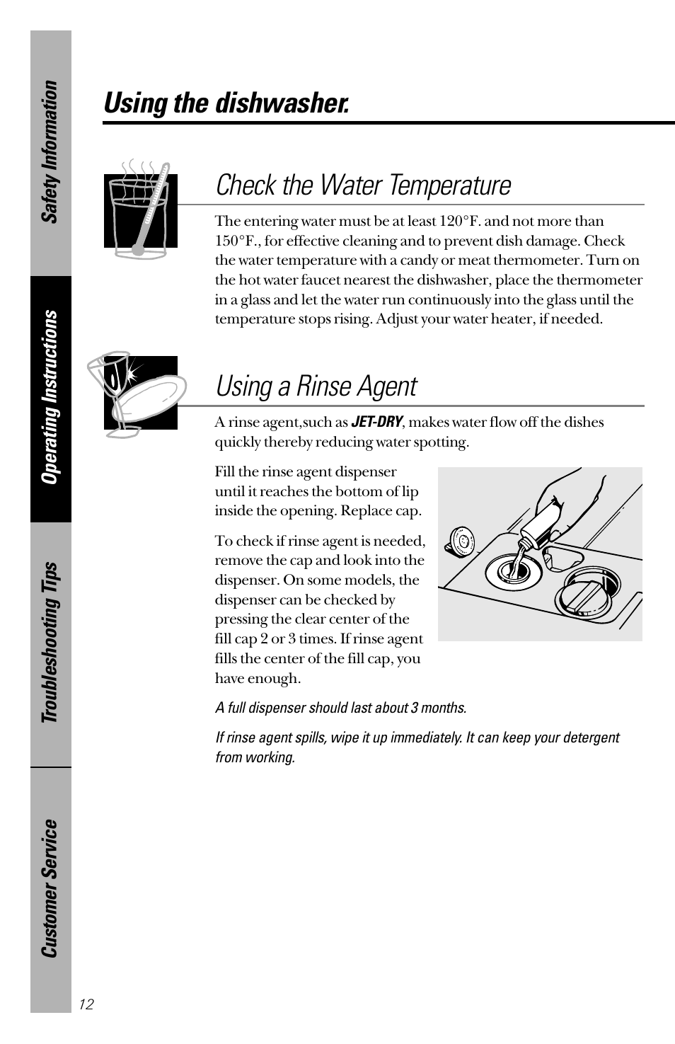 Using the dishwasher, Check the water temperature, Using a rinse agent | GE 165D4700P126 User Manual | Page 12 / 28