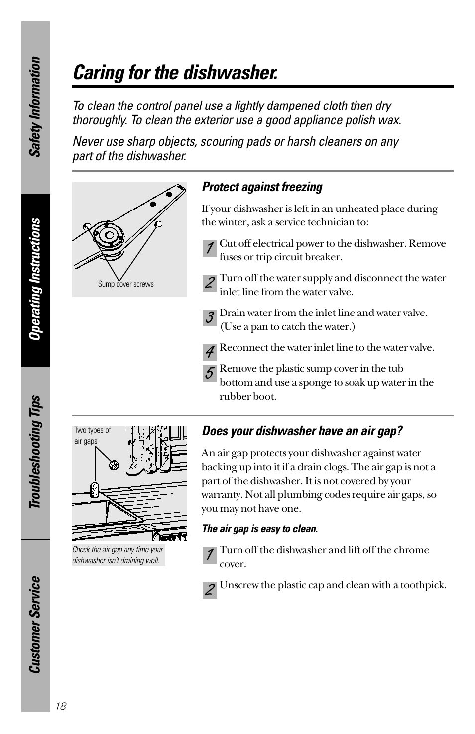 Care and cleaning, Caring for the dishwasher | GE 165D4700P126 User Manual | Page 18 / 28