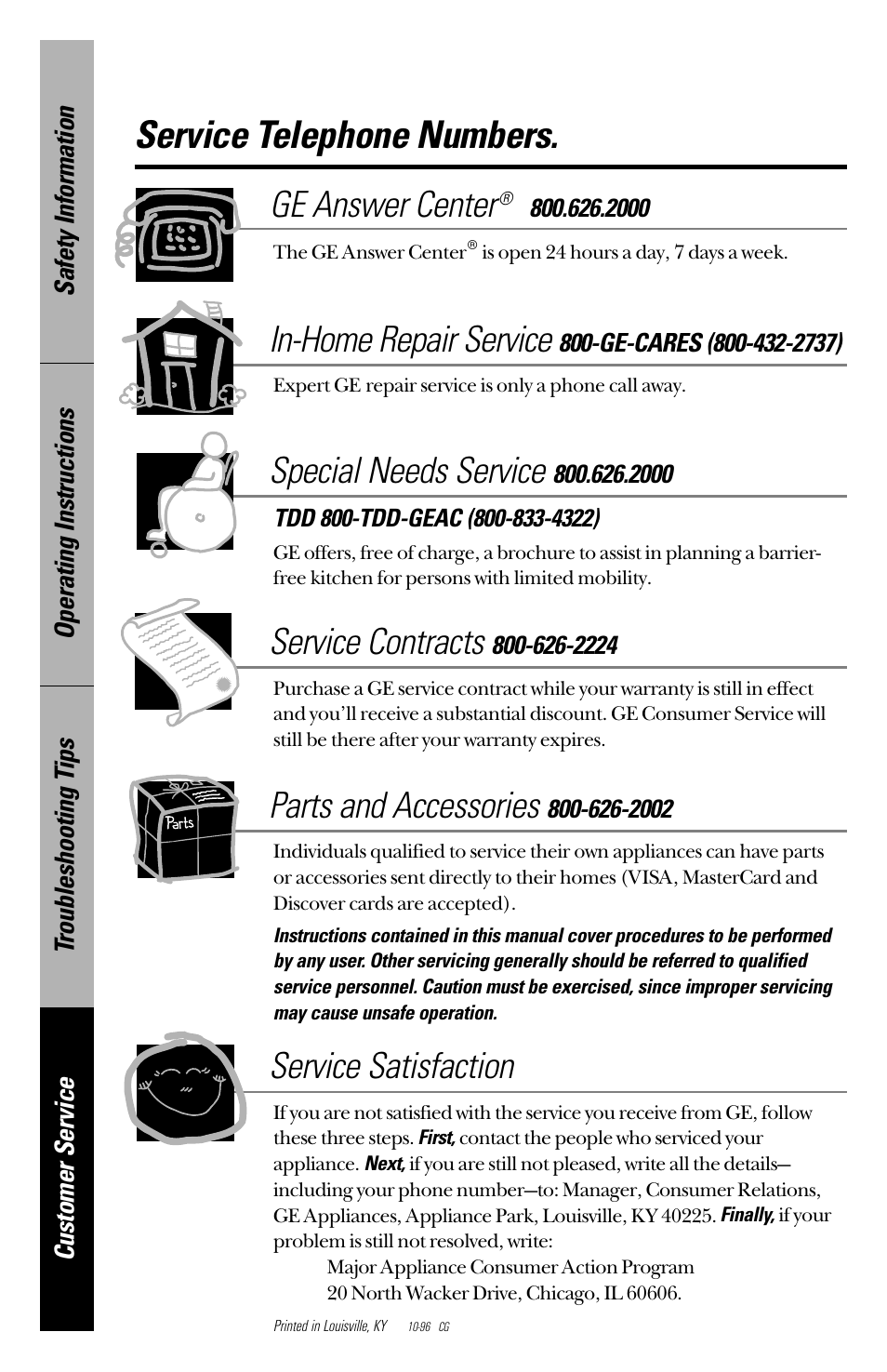 Telephone numbers, Service telephone numbers, Ge answer center | In-home repair service, Special needs service, Service contracts, Parts and accessories, Service satisfaction | GE 165D4700P126 User Manual | Page 28 / 28