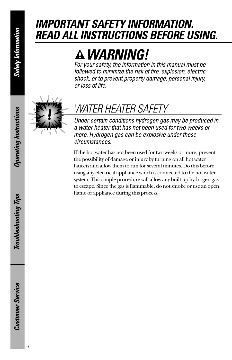 Safety information, Warning, Water heater safety | GE 165D4700P126 User Manual | Page 4 / 28