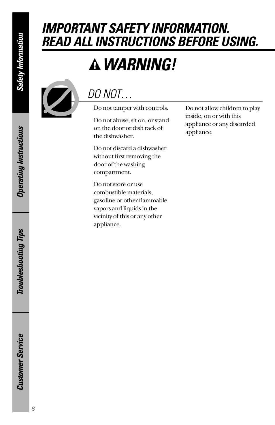 Warning, Do not | GE 165D4700P126 User Manual | Page 6 / 28