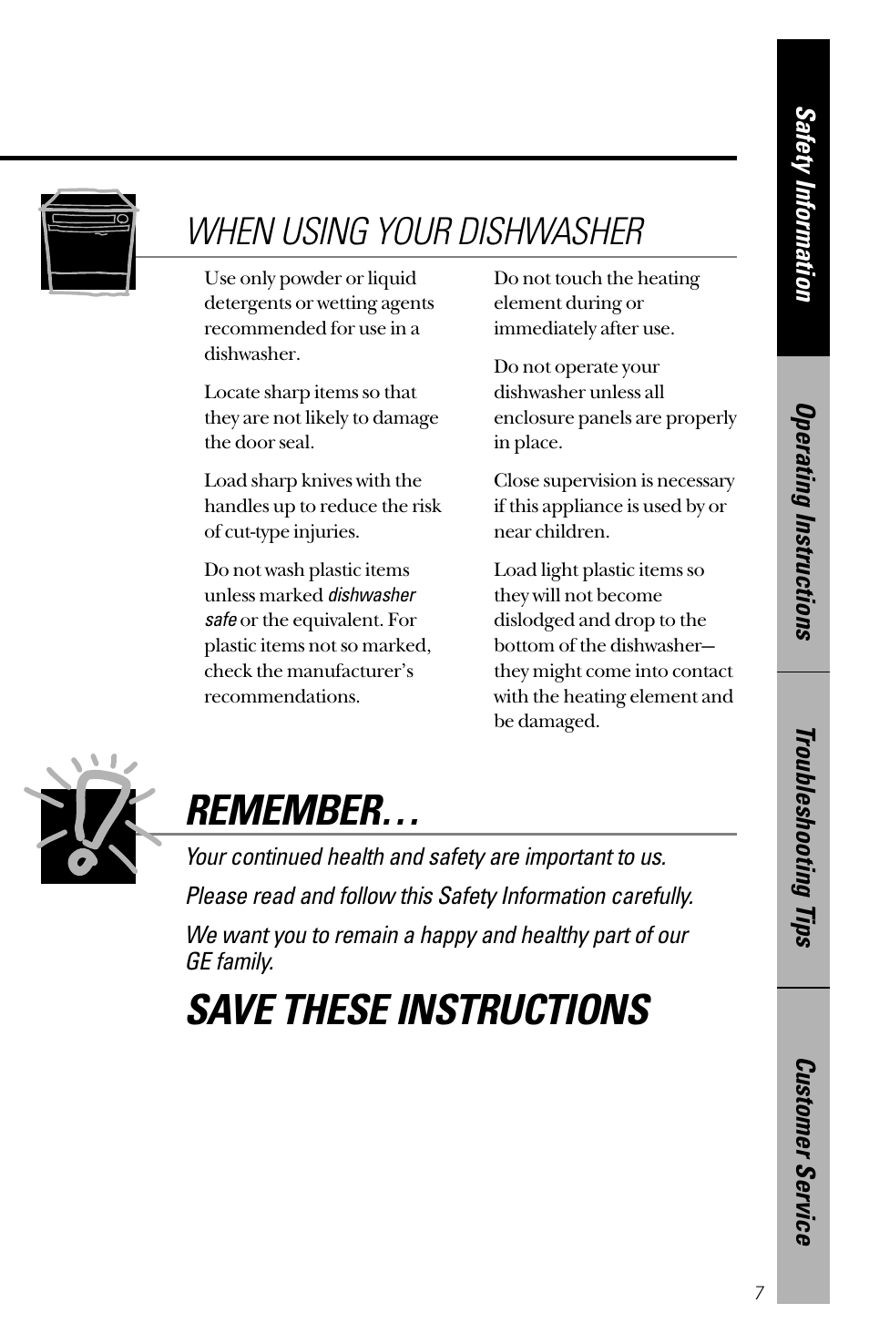 Remember, Save these instructions, When using your dishwasher | GE 165D4700P126 User Manual | Page 7 / 28