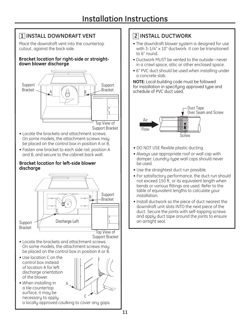 Installation instructions, 1 install downdraft vent, 2 install ductwork | GE ZVB36 User Manual | Page 11 / 32