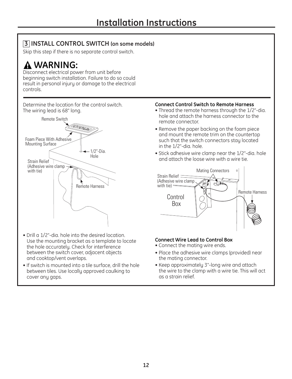 Installation instructions, Warning, 3 install control switch | Control box | GE ZVB36 User Manual | Page 12 / 32