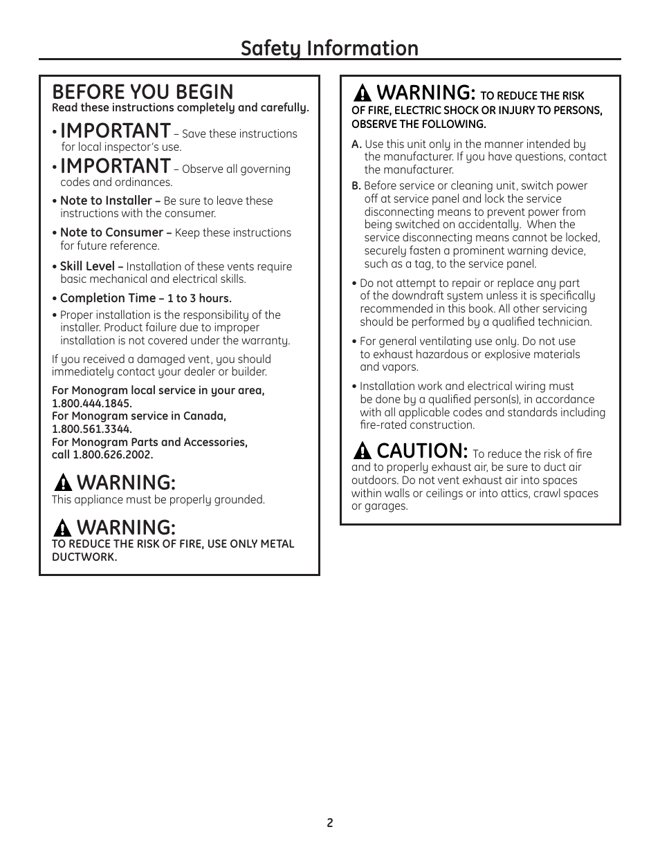 Safety information warning, Caution, Before you begin | Important, Warning | GE ZVB36 User Manual | Page 2 / 32