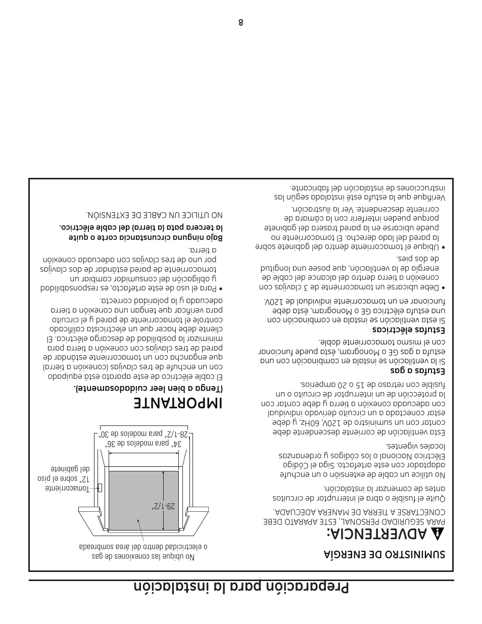 Preparación para la instalación impor tante, Adver tencia | GE ZVB36 User Manual | Page 25 / 32