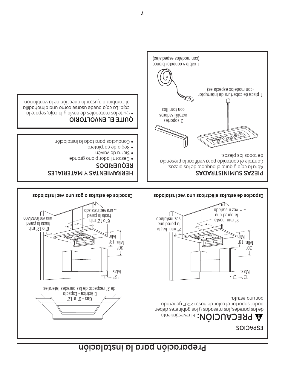 Preparación para la instalación, Precaución | GE ZVB36 User Manual | Page 26 / 32
