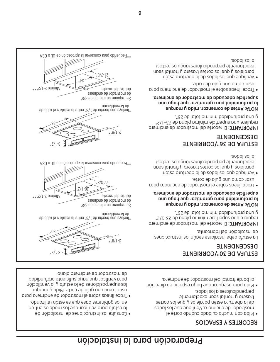 Preparación para la instalación, Recor tes y espa cios, Estufa de 30"/c orriente descendente | Estufa de 36"/c orriente descendente | GE ZVB36 User Manual | Page 27 / 32