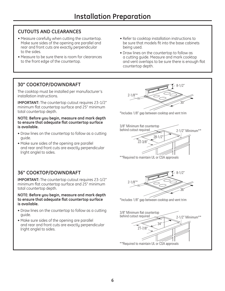 Installation preparation, Cutouts and clearances, 30" cooktop/downdraft | 36" cooktop/downdraft | GE ZVB36 User Manual | Page 6 / 32