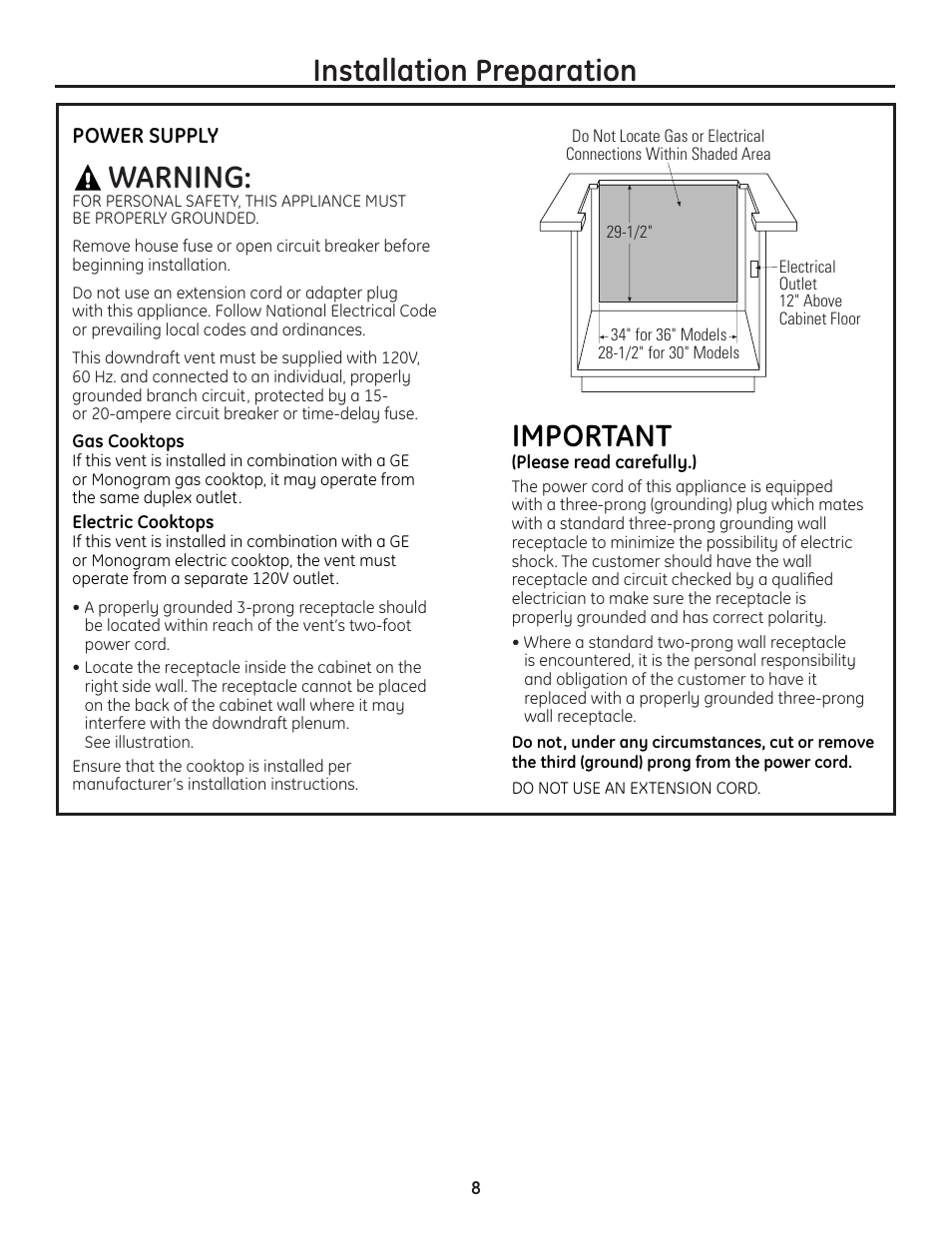 Installation preparation important, Warning | GE ZVB36 User Manual | Page 8 / 32