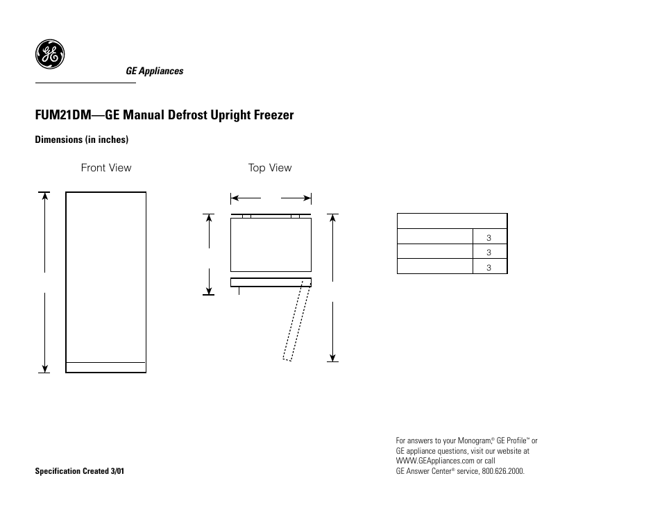 GE FUM21DMRWH User Manual | 2 pages