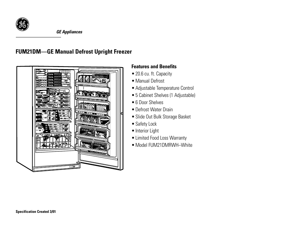Fum21dm—ge manual defrost upright freezer | GE FUM21DMRWH User Manual | Page 2 / 2