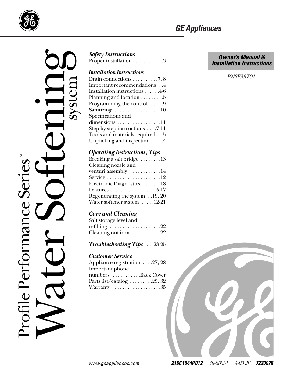 GE PROFILE PERFORMANCE SERIES PNSF39Z01 User Manual | 36 pages