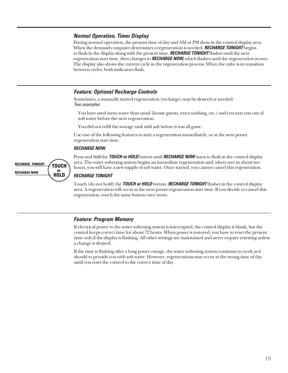 Features, Features -17, Normal operation, timer display | Feature: optional recharge controls | GE PROFILE PERFORMANCE SERIES PNSF39Z01 User Manual | Page 15 / 36