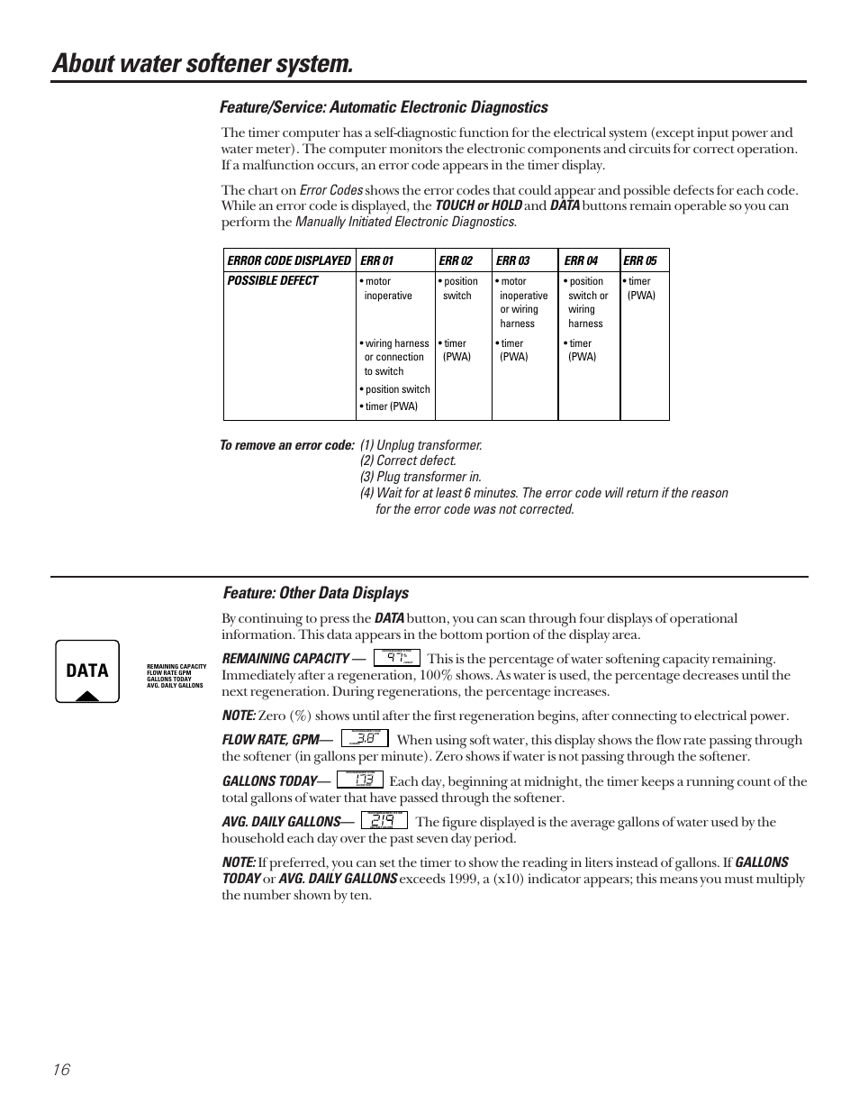 About water softener system, Data, Feature/service: automatic electronic diagnostics | Feature: other data displays | GE PROFILE PERFORMANCE SERIES PNSF39Z01 User Manual | Page 16 / 36