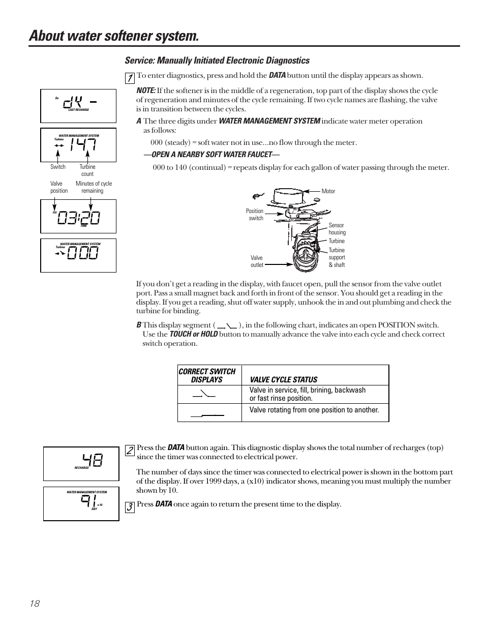 Electronic diagnostics, About water softener system, Service: manually initiated electronic diagnostics | GE PROFILE PERFORMANCE SERIES PNSF39Z01 User Manual | Page 18 / 36